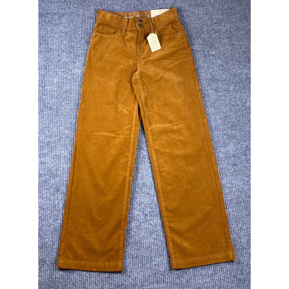 St John's Bay Corduroy Pants Women 2 Brown Wide Leg High Rise Comfort Waist